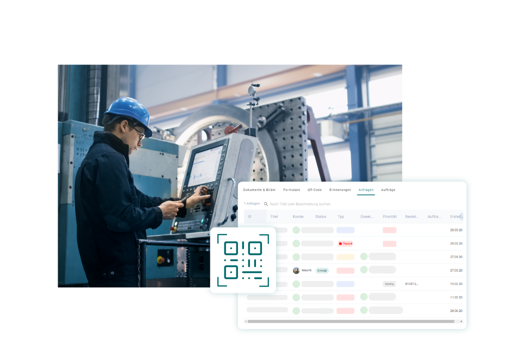 Mitarbeiter in Uniform, der eine CNC-Fräsmaschine bedient. Davor ist eine Abbildung aus der Softwareabbildung SIMPL, mit einer Liste aller Anfragen zu der jeweiligen Maschine und einer QR-Code Darstellung