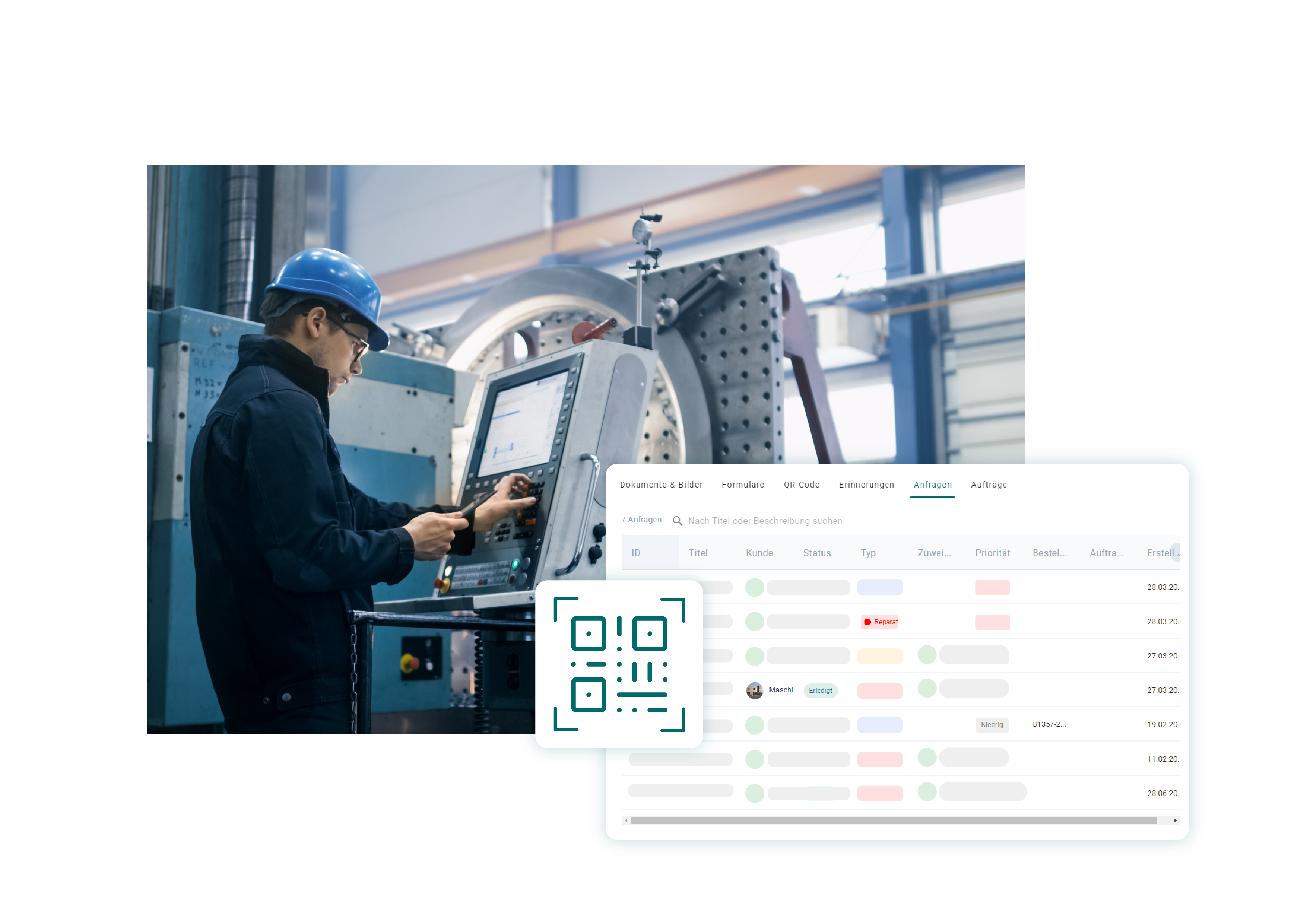 Mitarbeiter in Uniform, der eine CNC-Fräsmaschine bedient. Davor ist eine Abbildung aus der Softwareabbildung SIMPL, mit einer Liste aller Anfragen zu der jeweiligen Maschine und einer QR-Code Darstellung