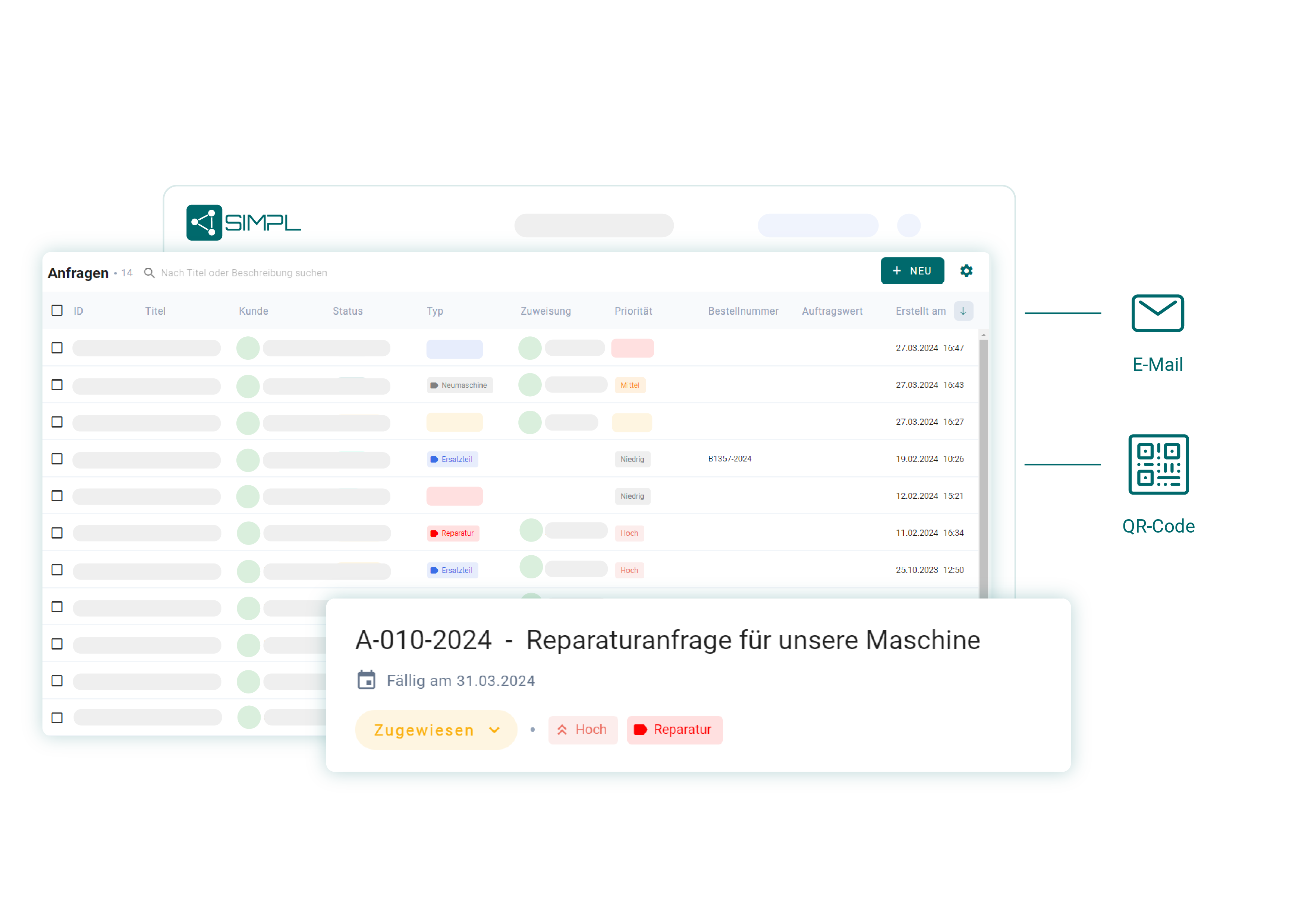 Softwareanwendung SIMPL mit verschiedenen Einträgen im Ticketingsystem und einer konkreten Reparaturanfrage für eine Maschine