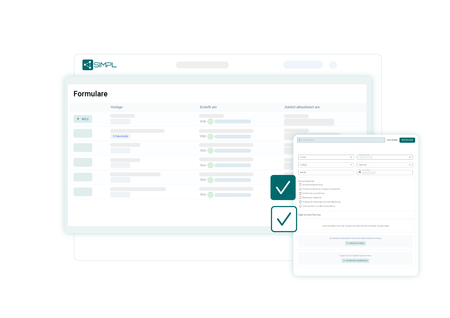 Softwareanwendung SIMPL, mit einer Darstellung zu digitalen Formularen und Checklisten für Mitarbeiter im Field Service