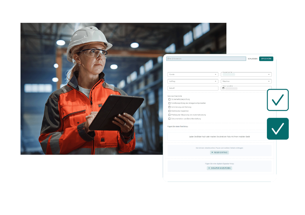 Mitarbeiterin in einer Fabrikhalle mit einem Tablet in der Hand, die digitale Formulare und Checklisten ausfüllt