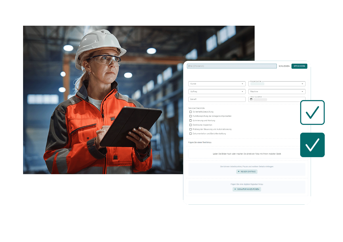 Mitarbeiterin in einer Fabrikhalle mit einem Tablet in der Hand, die digitale Formulare und Checklisten ausfüllt