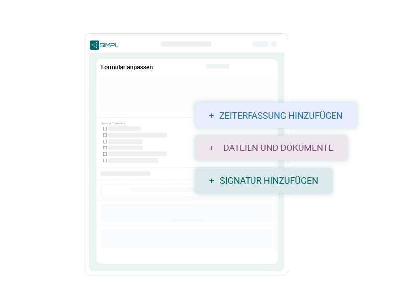 Softwareanwendung SIMPL, mit digitalen Formularen und den Feldern Zeiterfassung, Signatur und Dateien und Dokumente