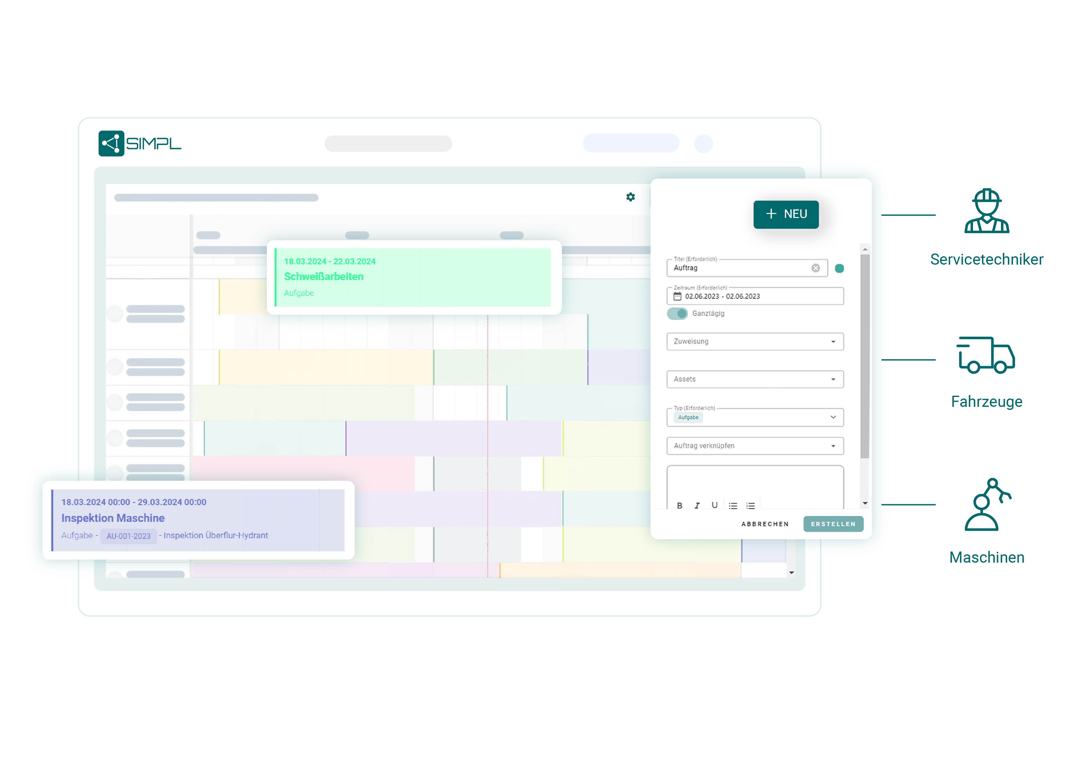 Digitale Plantafel aus der Softwareanwendung SIMPL mit der Servicetechniker, Fahrzeuge oder Maschinen eingeplant werden können