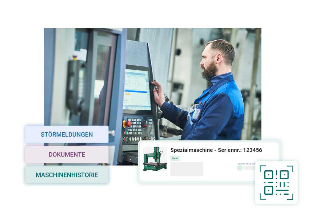Maschinenbediener einer CNC-Fräse, die mit einem QR-Code ausgestattet ist