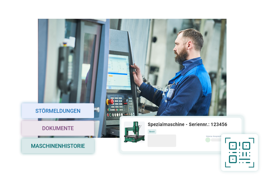 Maschinenbediener einer CNC-Fräse, die mit einem QR-Code ausgestattet ist