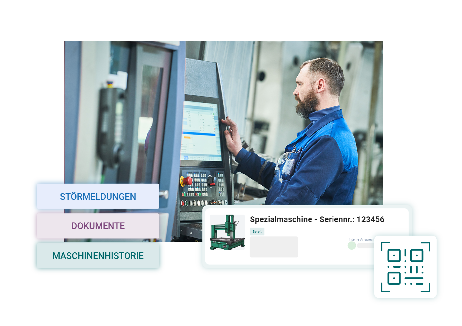 Maschinenbediener einer CNC-Fräse, die mit einem QR-Code ausgestattet ist