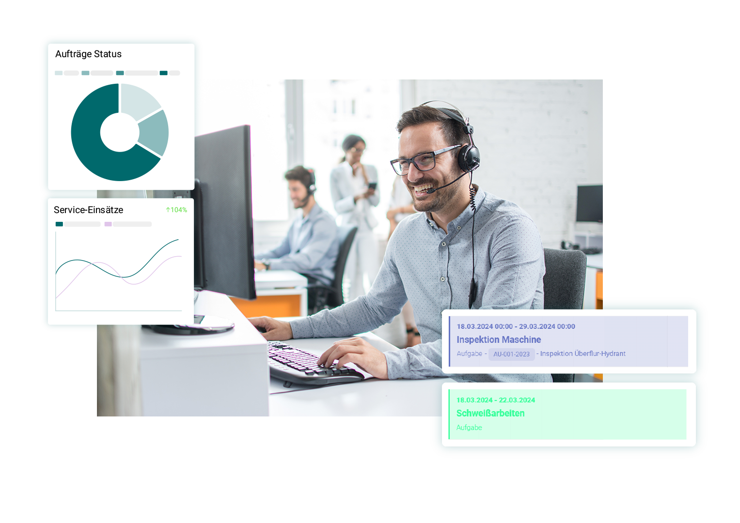 Kundendienstmitarbeiter, welcher gerade eine Kundenanfrage beantwortet und die Softwarelösung SIMPL nutzt