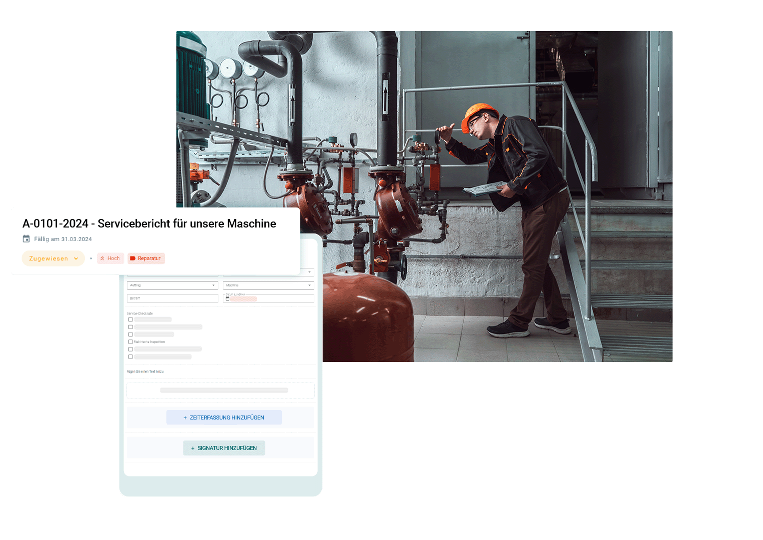 Arbeiter, der Rohrleitungen überprüft und ein digitales Formular ausfüllt