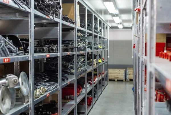 Fabriklager für Ersatzteile. Lagerung und Verteilung von Komponenten